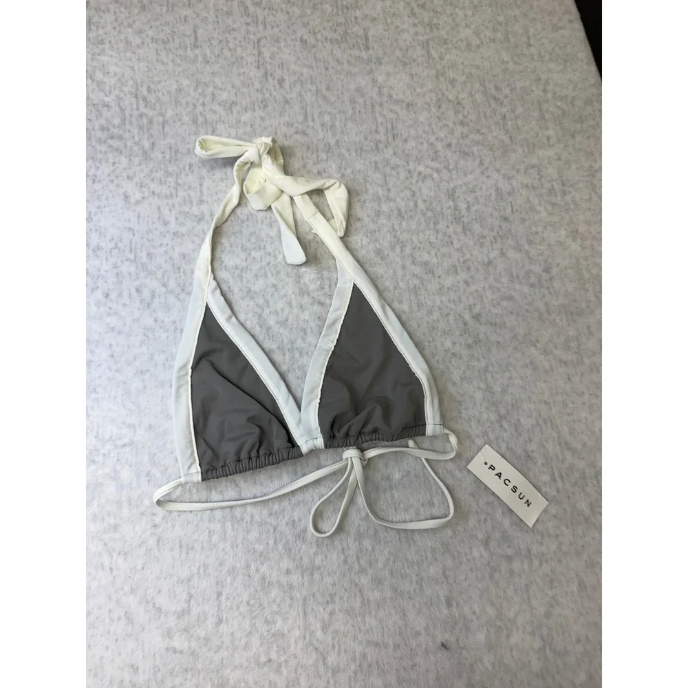 PacSun Swim Eco Womens Gray White Colorblock Triangle Halter Bikini Top Medium
